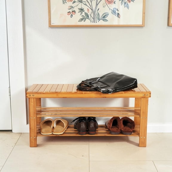 IVV Natural Bamboo Shoe Storage Bench, 35.43-Inch Entryway Shoe Shelves Organizer for Indoor Home Use, Easy to Clean and Assemble