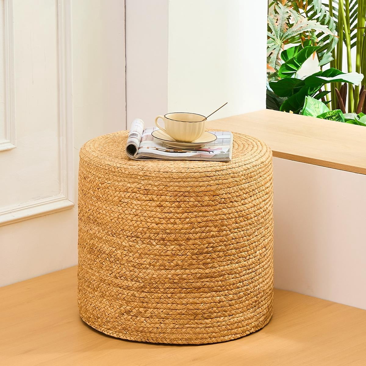 IVV Natural Water Hyacinth Round Ottoman, 17.7-Inch Handmade Woven Foot Stool End Desk with Wooden Frame for Living Room & Bedroom