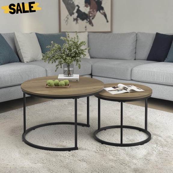 IVV Nesting Coffee Table Set of 2, Round Stackable Side Tables with Industrial Wood Look, MDF and Metal Living Room Tables for Small Spaces, Living Area and Patio Balcony (Brown and Black)