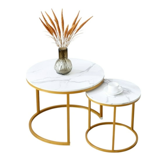 IVV Nesting Coffee Table Set of 2, Living Room Round Center Tables with White Marbling MDF Top and Gold Metal Frame, Industrial End Table Side Tables for Bedroom Balcony Yard