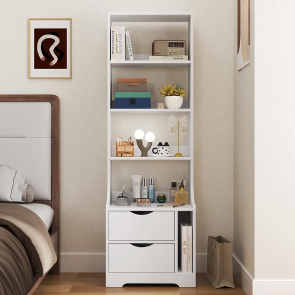 IVV Nightstand, 58" Tall Bedside End Table with 2 Drawers and Storage Bookshelf, for Living Room Home Office Bedroom, White