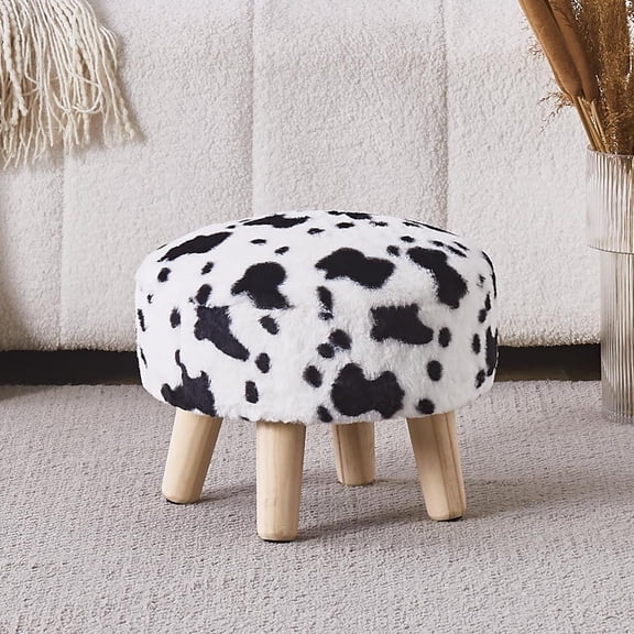 IVV Ottoman, Modern Footrest with Soft Padded Seat, Small Faux Rabbit Fur Upholstered Accent Round Mushroom Stool for Living Room Bedroom Office, 14"Dia x 11.4"H, White&Black