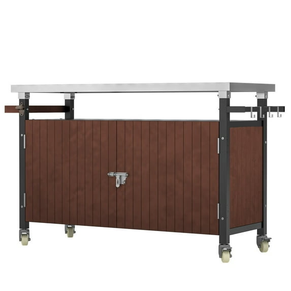 IVV Outdoor Grill Cart Table with Stainless Steel Top for Kitchen Prep and BBQ, Multifunctional Kitchen Island Grill Table with Side Handle, Hooks, and Spice Rack, Movable BBQ Serving Cart, Brown