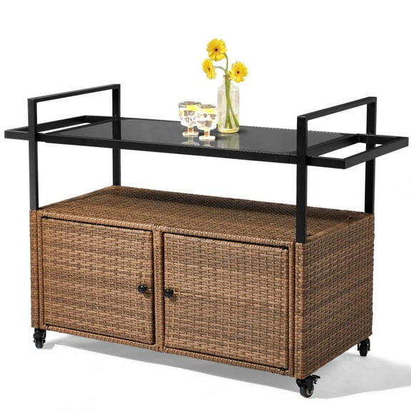 IVV Outdoor Patio Bar Table, Rolling Wicker Buffet Wheeled Serving Cart with Tempered Glass Top, Storage Cabinet & Handles, for Porch Backyard Garden Poolside (Light Brown)