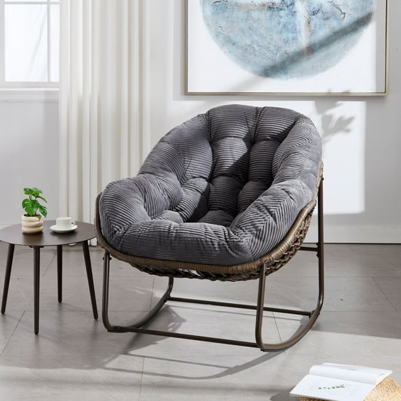 IVV Outdoor Patio Rocking Chair, Oversized Rattan Wicker Recliner Rocker Chair with Comfy Cushion and Steel Frame, Modern Lounge Rocker for Front Porch Living Room Bedroom (Gray)