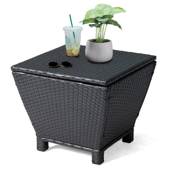 IVV Outdoor Side Table, Patio Rattan Deck Box, 13 Gallon for Cushion Towel Books, Black Small Coffee Table with Storage, 19.7"L x 19.7"W x 16.5"H