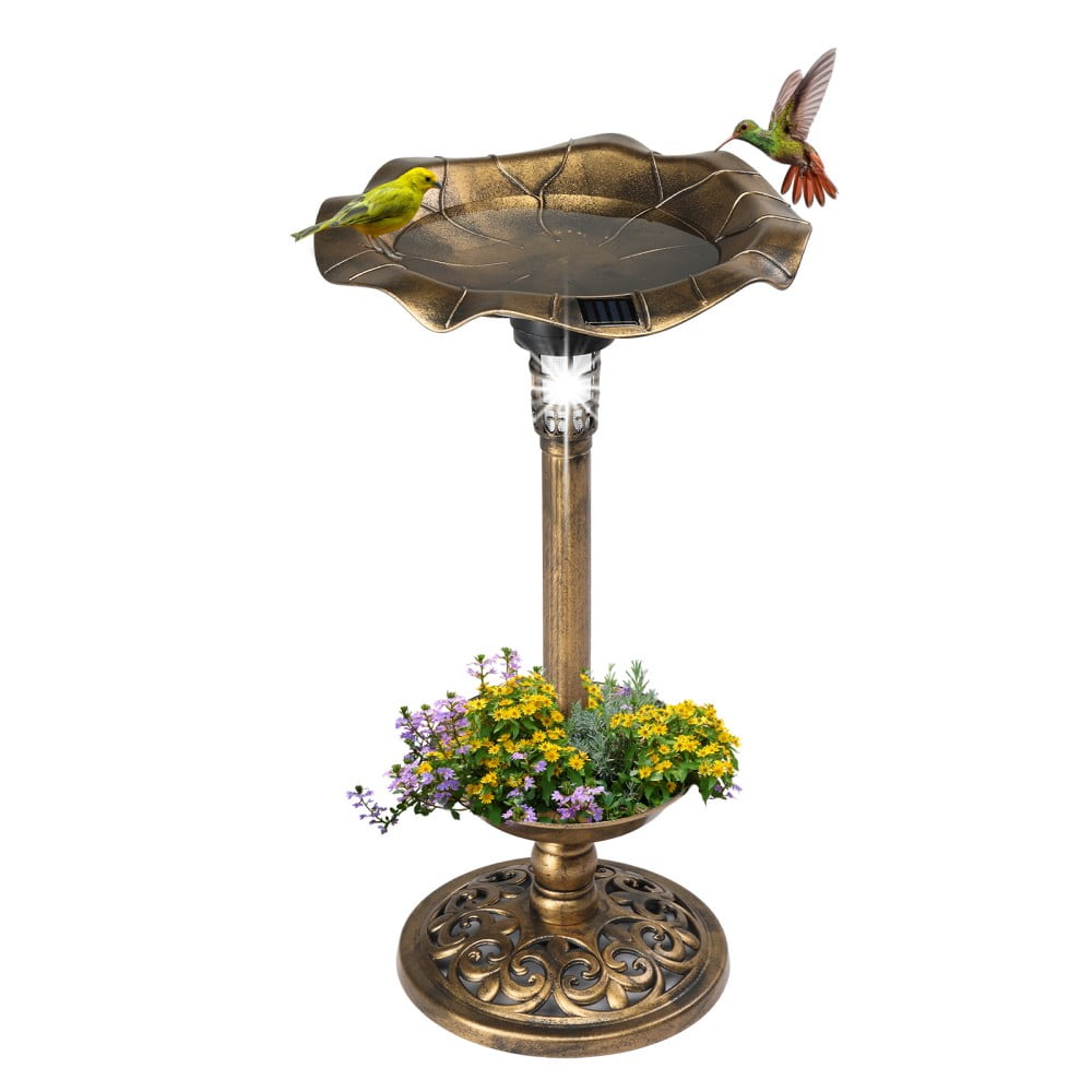 Bronze 31" Solar Lighted Pedestal Bird Bath Fountain with Planter