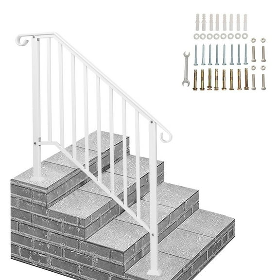 IVV Outdoor Steps Handrail for 3 Steps, Galvanized Iron Staircase Railing with Installation Kit, Transitional Handrail for Concrete Steps or Wooden Stairs, White