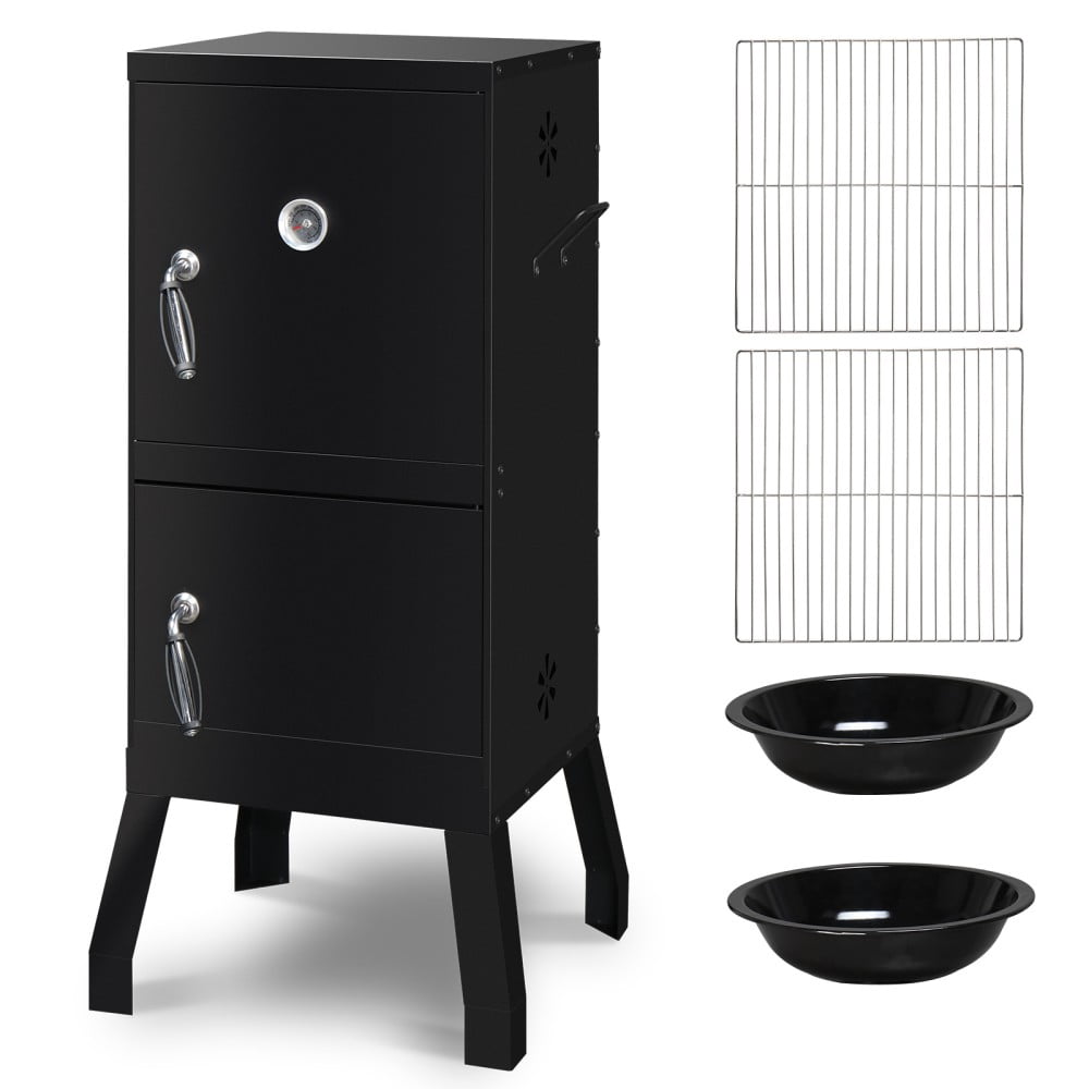 IVV Outdoor Vertical Charcoal Smoker with Double Doors, Iron Smoked Carbon Oven, w/ 2 Detachable Grill Netting Smoking Racks, 4 Air Vents, Thermometer, Suitable for Lawn Picnic, Backyard BBQ (Black)