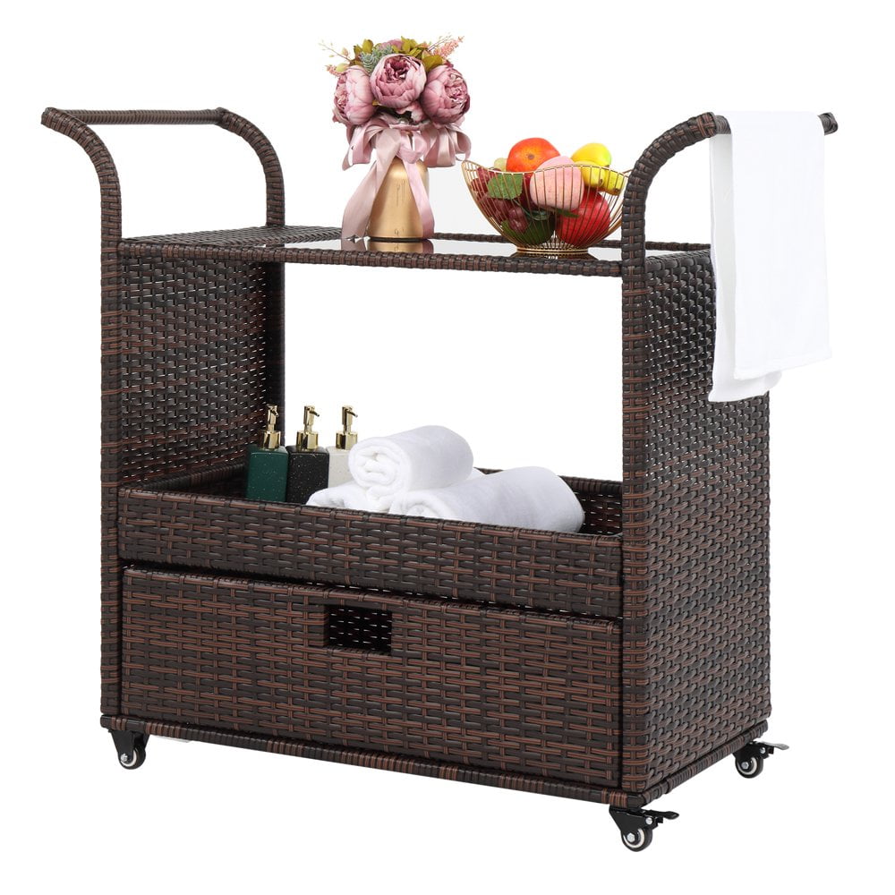 IVV Outdoor Wicker Bar Cart, Patio Wine Serving Cart w/Wheels & Storage