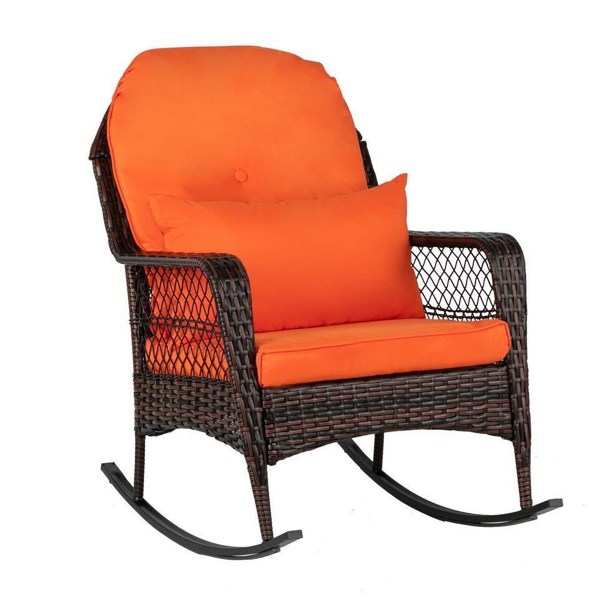Brown Wicker Outdoor Rocking Chair with Orange Cushions