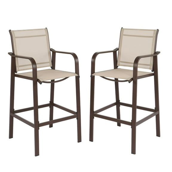 IVV Outdoor Wrought Iron Bar Chairs Set of 2, Patio Counter Height Barstools with Back and Armrest, Modern Teslin Mesh Seating Chairs, Brown + Beige