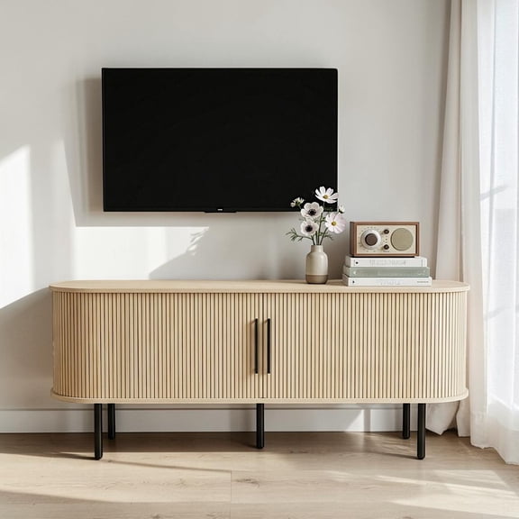 IVV Oval TV Cabinet with Fluted Sliding Doors, Modern Media Console Entertainment Stand with Metal Legs & Anti-Slip Pads for Home Office, 58" x 14" x 23", Oak Finish