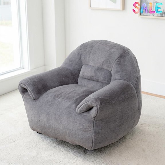 IVV Oversized Ergonomic Bean Bag Chair with Armrest, Fluffy Shredded Foam Interior, Cozy Faux Fur Leisure Chair for All-Age Relaxation (Gray)
