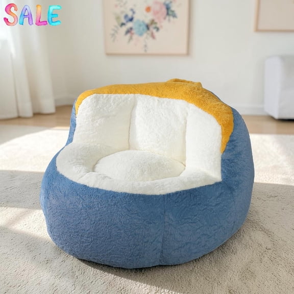 IVV Oversized Faux Fur Bean Bag Chair, High Resilience Shredded Foam Lazy Sofa with Carry Handle & Non-Slip Bottom, 450 lbs Weight Capacity, for Living Room, Dorm, Reading Nook (Blue+White+Yellow)
