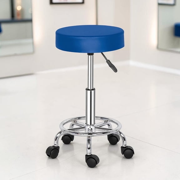 IVV PU Leather Upholstered Swivel Stool on Wheels, Rolling Padded Round Seat for Drafting/Task/Work, 19.69"-25.39" Adjustable Height, Easy Assembly, Blue