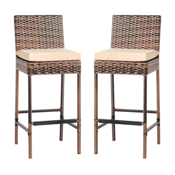 IVV Patio Wicker Bar Chairs Set of 2, Outdoor Rattan Bar Stools Counter Height with Beige Cushion, Armless Barchairs for Backyard, Poolside, Deck (Brown)