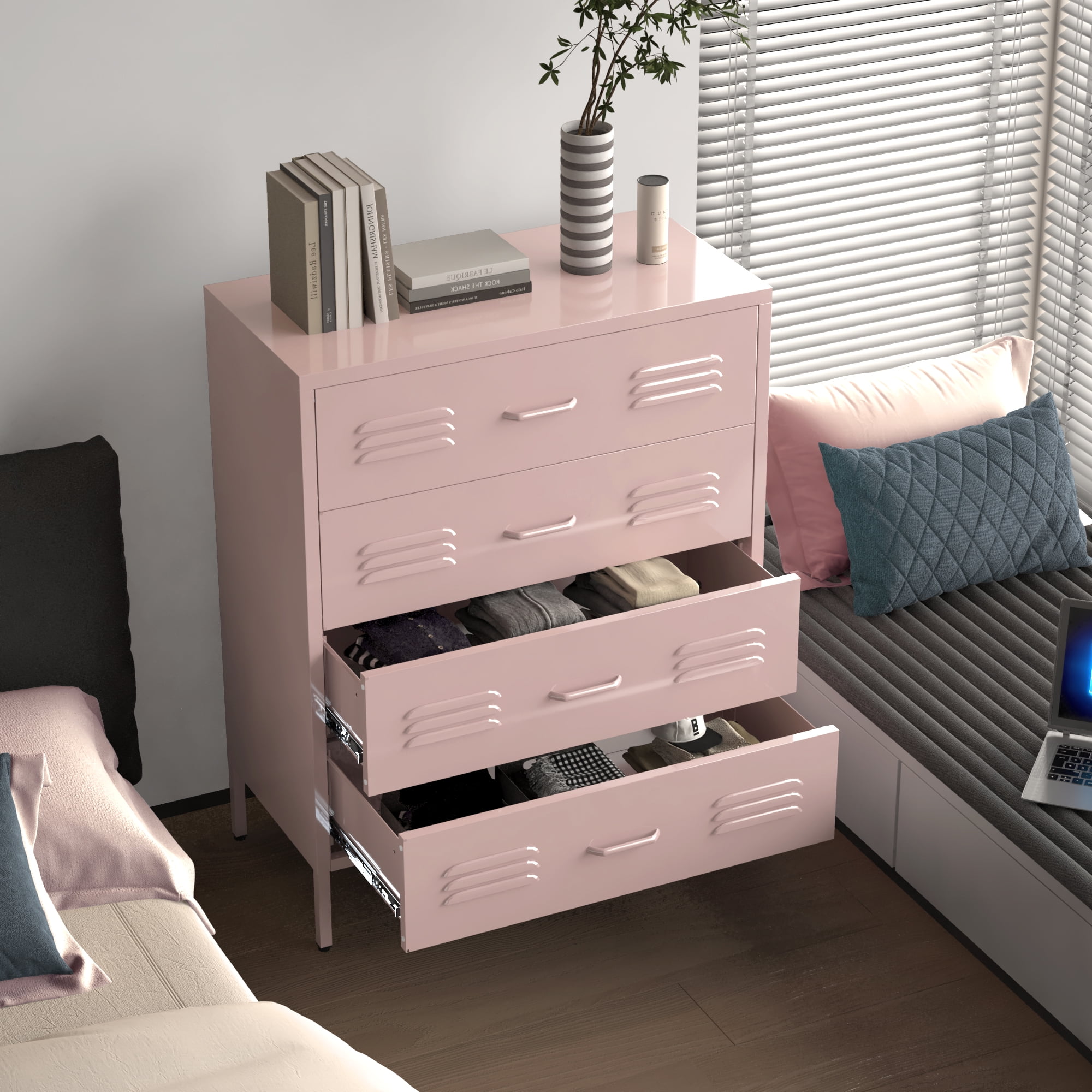 IVV Pink Metal 4 Drawer Dresser for Bedroom, Chest of Drawers for