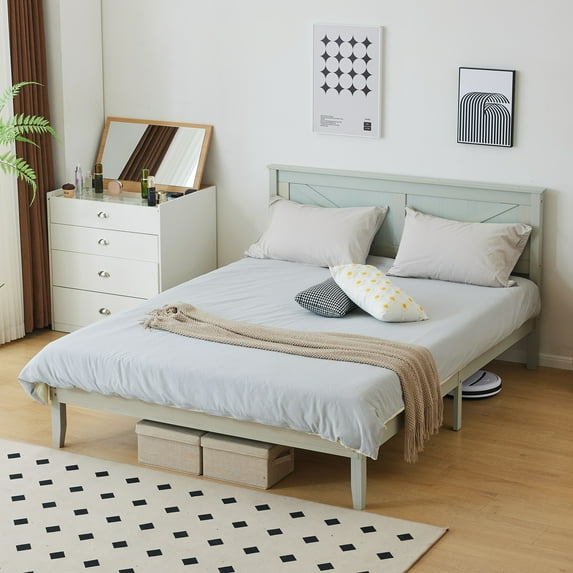 IVV Platform Bed, Queen Size Wooden Bed Frame with Headboard, Gray Wash