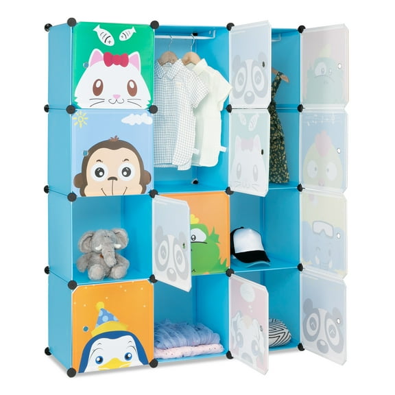 IVV Portable Cartoon Clothes Closet DIY Modular Storage Organizer, Sturdy and Safe Wardrobe for Children and Kids, 12 Cubes Design w/ Hanging Sections, Blue
