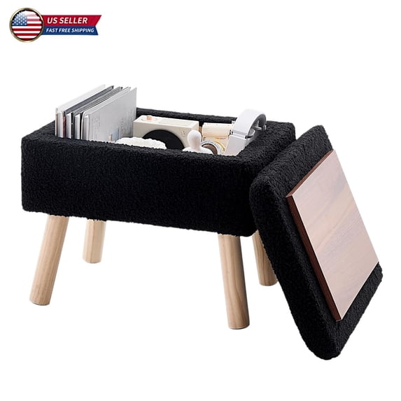 IVV Rectangular Storage Ottoman with Teddy Fleece Upholstery & Solid Wood Legs, Foot Stool Bench for Entryway or Bedroom, 15.7” x 11.8” x 12.9”, Black