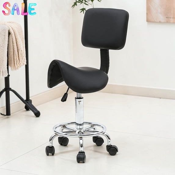 IVV Rolling Saddle Stool with Backrest, 360° Swivel Spa Chair with 5 Wheels and Ring Pedal, 21.45"-27.16" Adjustable Seat Height, Black
