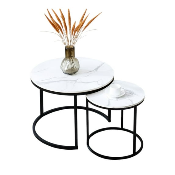 IVV Round Coffee Table Set of 2, Industrial Minimalist Nesting Center Table with Metal Frame, Easy Assembly for Living Room, Apartment, White Marbling