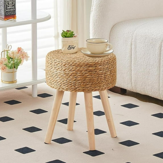 IVV Round Ottoman, Natural Seagrass Footstool with Wood Legs, Hand Weave Hyacinth Footrest Step Stool, Modern Multifunctional Side Table for Indoor & Outdoor Use, 13"Dia x 16.5"H