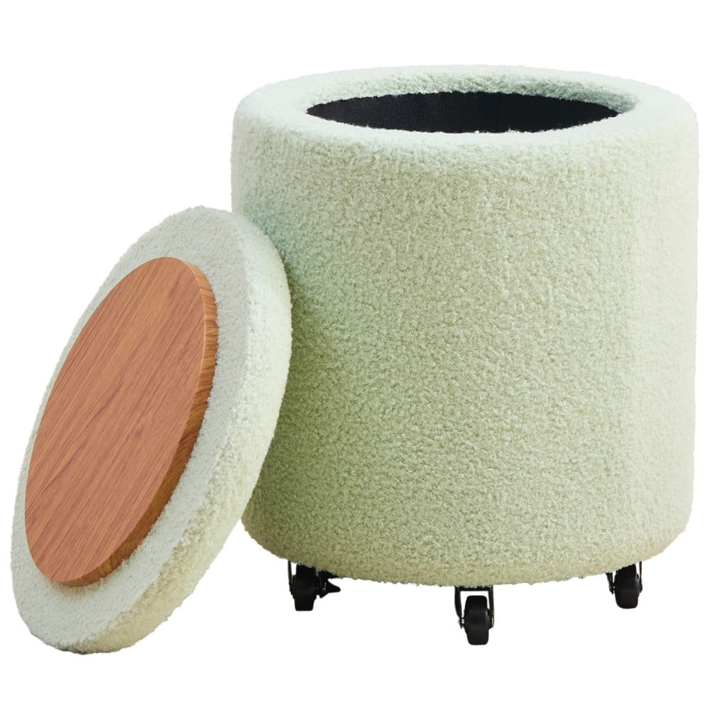 Green Teddy Velvet Round Storage Ottoman with Wheels