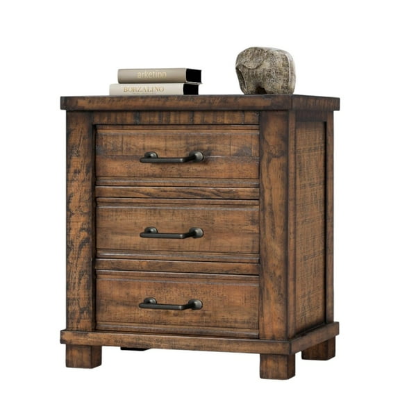 IVV Rustic Farmhouse Nightstand, 3-Drawer Reclaimed Pine Wood Bedside Table with Full-Extension Glides and Wrought Iron Handles, Natural Finish
