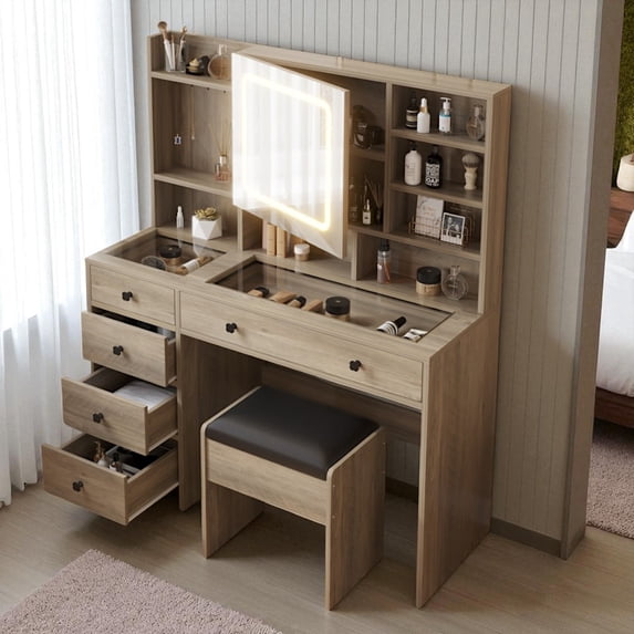 IVV Rustic Gray Vanity Set for Bedroom - Tempered Glass Top Makeup Dressing Desk with Lighted Mirror Cabinet & Charging Station, 5 Drawers & Open Shelves, Cushioned Stool Included