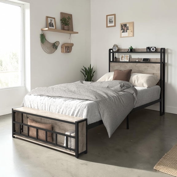 IVV Rustic Industrial Platform Bed, Twin Size Metal Bedframe with Charging Station & LED Light, Storage Headboard & Footboard, Noise Free, Easy Assembly (Gray+Black)