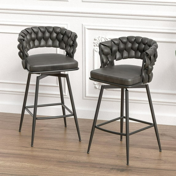 IVV Set of 2 Woven Swivel Bar Stools with Back and Arms, Technical Leather Upholstered Counter Chairs w/ Metal Base for Pub, Kitchen, Dining Room (Light Brown)