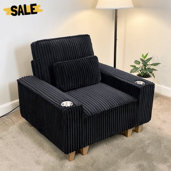 IVV Single Sofa Chair with Deep Seat, Wide Armrests and Cup Holders, Comfy Cloud Corduroy Upholstered Reading Armchair, Easy to Assemble, Black