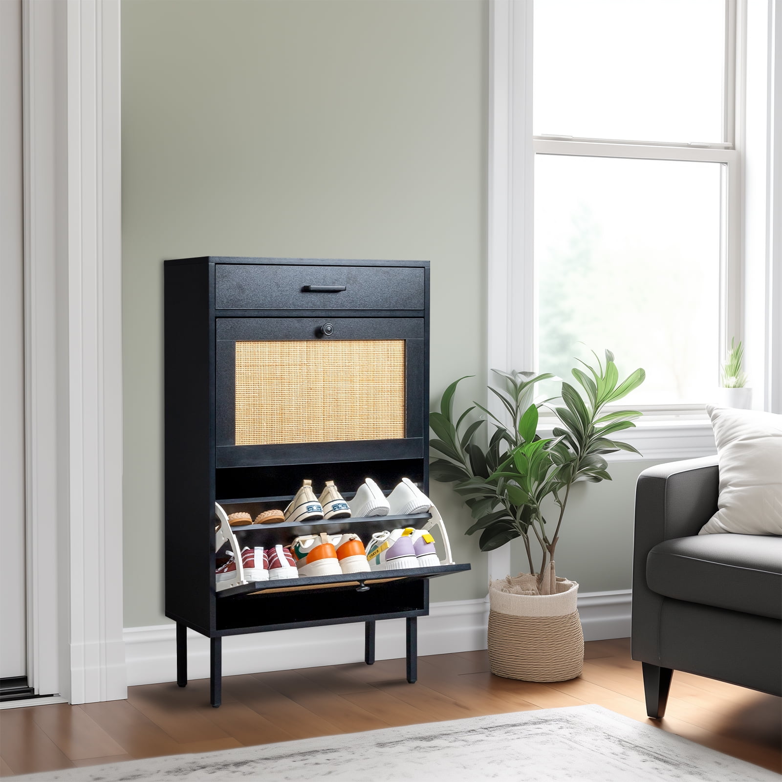 IVV Slim Shoe Cabinet with 2 Flipped Rattan Drawers & 1 Top Small ...