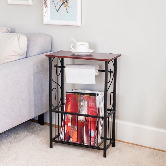 IVV Slim Storage Side Table, Decorative Nightstand MDF End Table with Metal Frame, Removable TP Roll Bar & Bottom Mesh Basket, Multi-Purpose for Bathroom Bedroom Hallway Small Corner (Coffee)