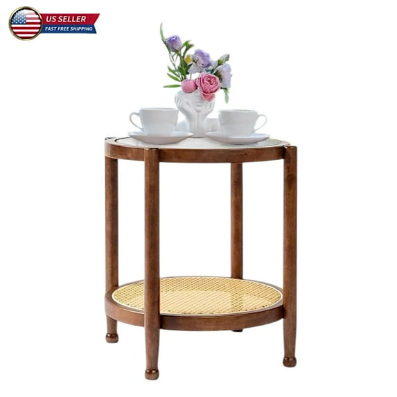 IVV Small Round End Table with Tempered Glass Top and Rattan Shelf – 19.7in Boho Style Patio Side Table, or Plant Stand for Living Room, Bedroom, Balcony, Indoor & Outdoor Usage (Walnut)