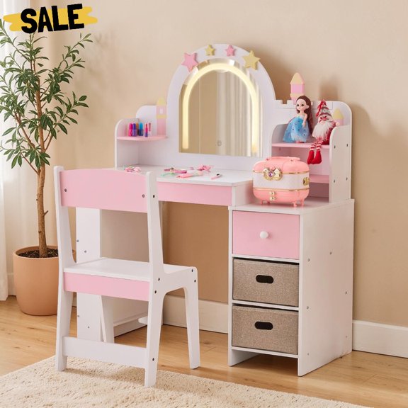 IVV Small Vanity Set with Lighted Mirror & Chair, 34" Princess Dressing Table - Stars & Castle Theme, 3 Drawers, Open Storage and Side Shelves, Easy Assembly (White+Pink)