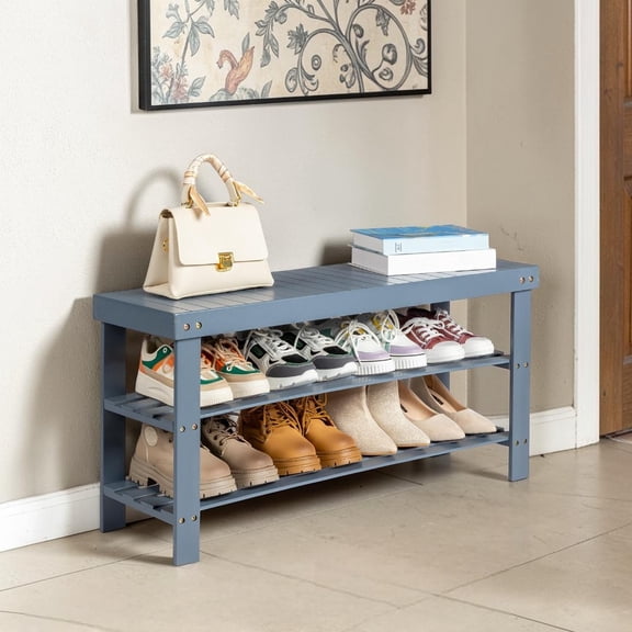 IVV Space-Saving 3-Tier Shoe Organizer Bench, 35.43-Inch Simple Bamboo Shoe Rack for Entryway Closet Bedroom, Gray