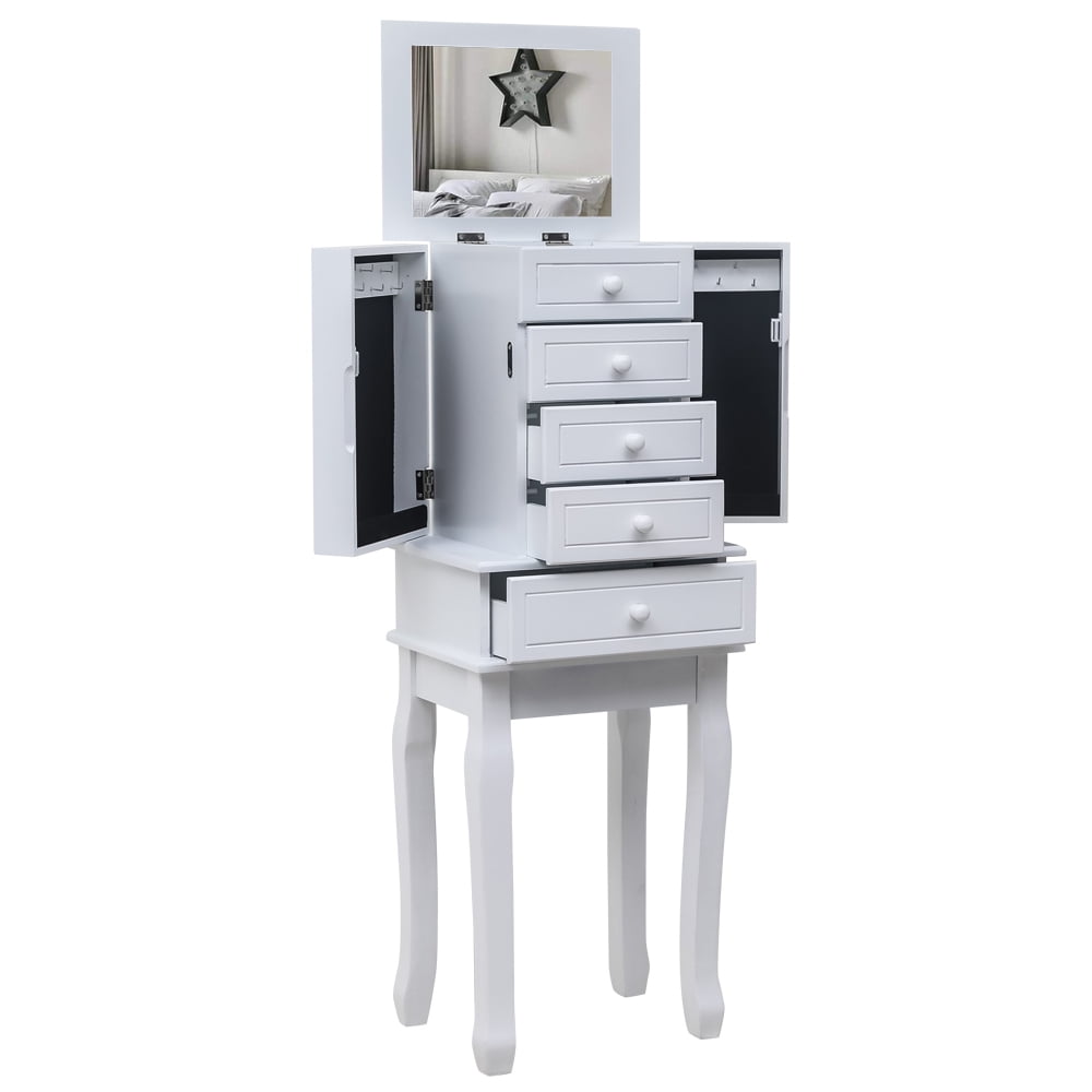 IVV Standing Jewelry Chest Armoire Cabinet Storage Organizer,Makeup Display Box Stand Up Accent Furniture Bedroom Armoires, 4 Drawers & 14 Necklace Hooks, White