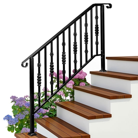 IVV Step Handrail Fit for 4 or 5 Steps, Galvanized Iron Handrail for Outdoor Steps, Matte Black Stair Railings with Installation Kit