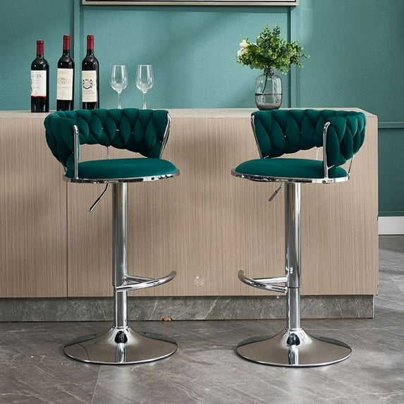 IVV Swivel Bar Stools Set of 2, 23.6"-32" Height-Adjustable Modern Bar Chairs with Velvet Woven Back and Chrome Metal Base, for Kitchen Island, Cafe, Bar Counter (Green)