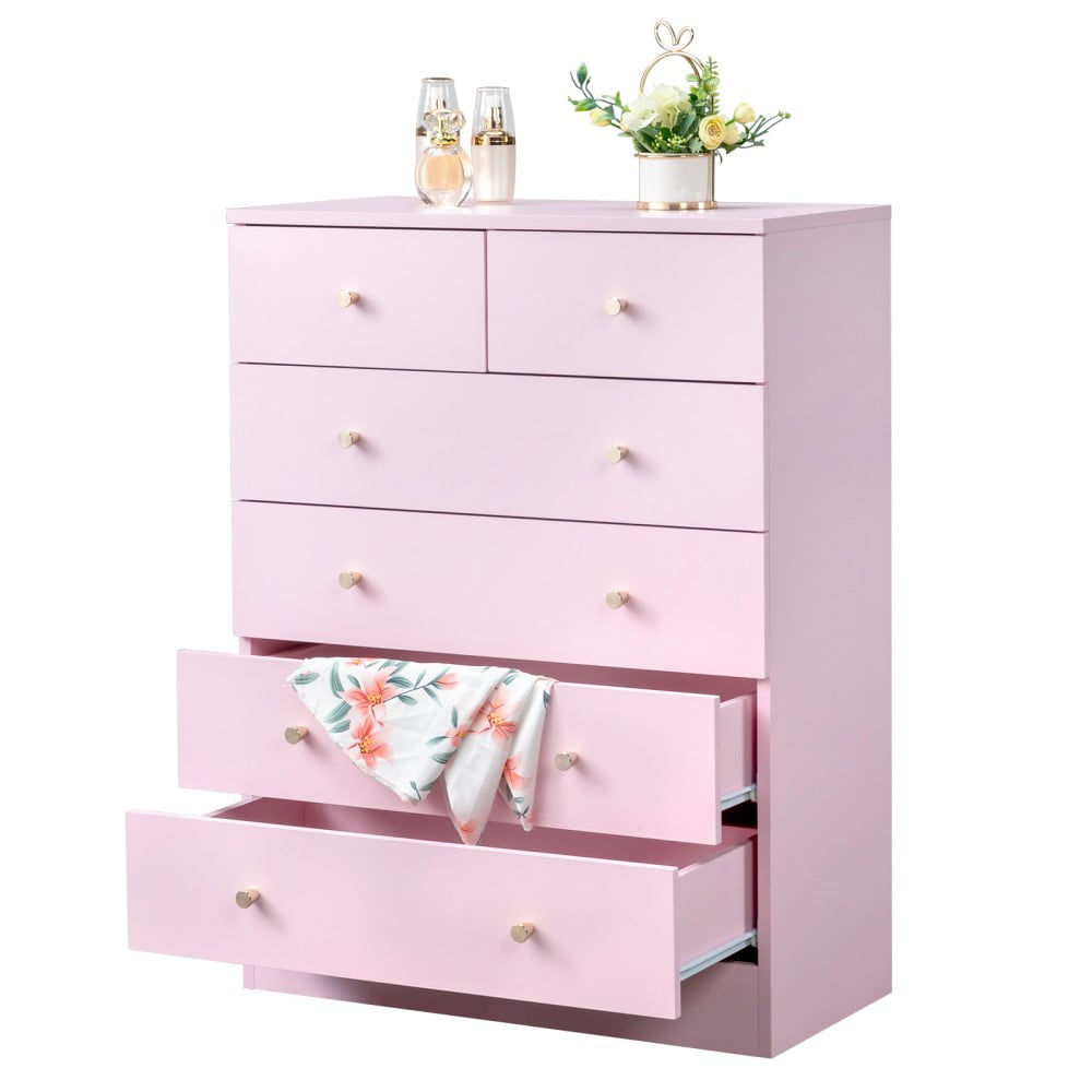 IVV Tall Dresser for Bedroom with 6 Drawers, Modern Chest of Drawers, Storage Organizer Unit for Closet, Living Room, Hallway, Pink