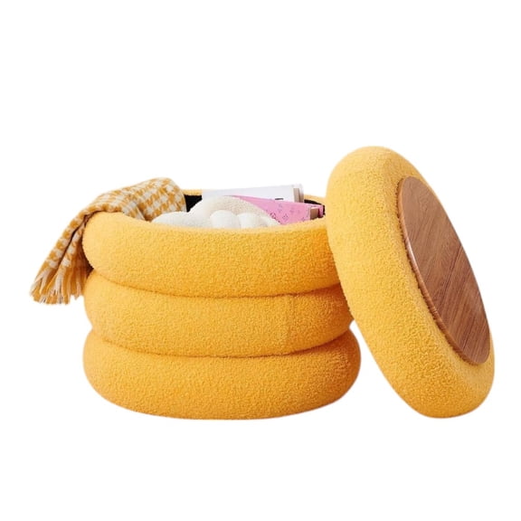 IVV Teddy Fleece Upholstered Ottoman w/ Storage, Multifunctional Footstool Vanity Chair, Round Padded Seat Support 350lbs, for Living Room, Yellow