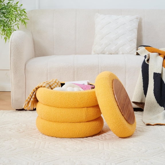 IVV Teddy Fleece Vanity Stool, 18.3" Round Storage Stool with Tray Top Coffee Table, Upholstered Makeup Stool for Vanity, Living Room, Bedroom, Entryway, Office, Yellow