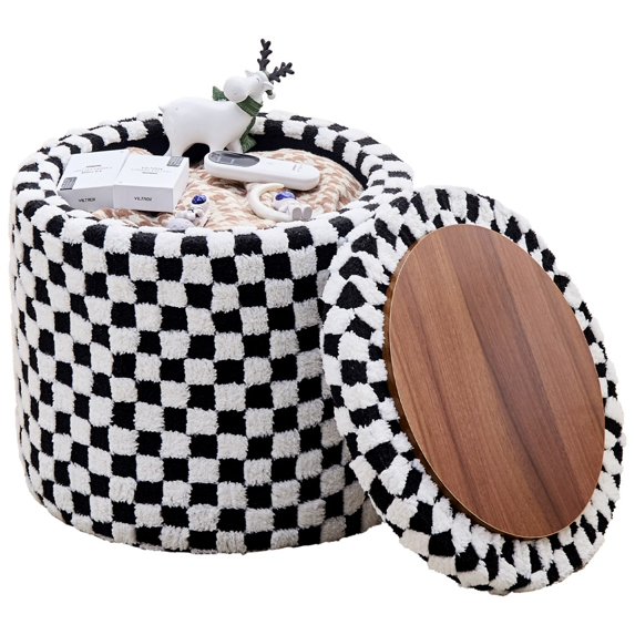 IVV Teddy Velvet Upholstered Storage Ottoman, 15.7" Round Small Foot Rest with Tray Top and Wood Frame, for Living Room, Bathroom, Bedroom (Black and White)