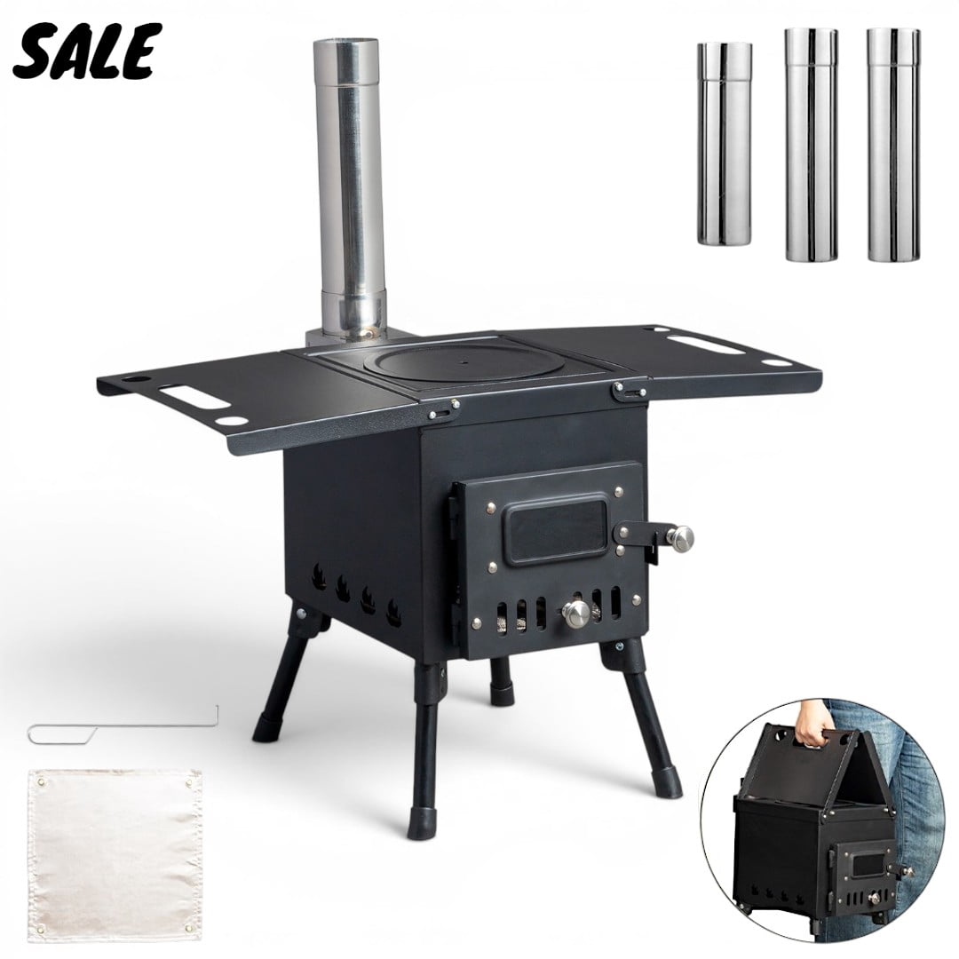 IVV Tent Stove, Portable Camping Wood Burning Stoves Stainless Steel with Chimney Pipes for Outdoor Cookout, Hiking, Travel, Backpacking Trips (Black)