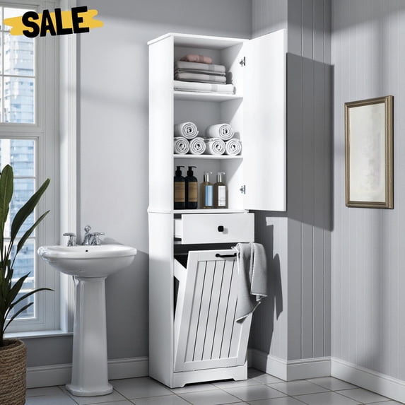 IVV 70.87"H Freestanding Laundry Cabinet with Tilt-Out Hamper & Removable Bag, Slim Storage Organizer for Towels/Toiletries, White Space-Saving Design for Bathroom or Laundry Room