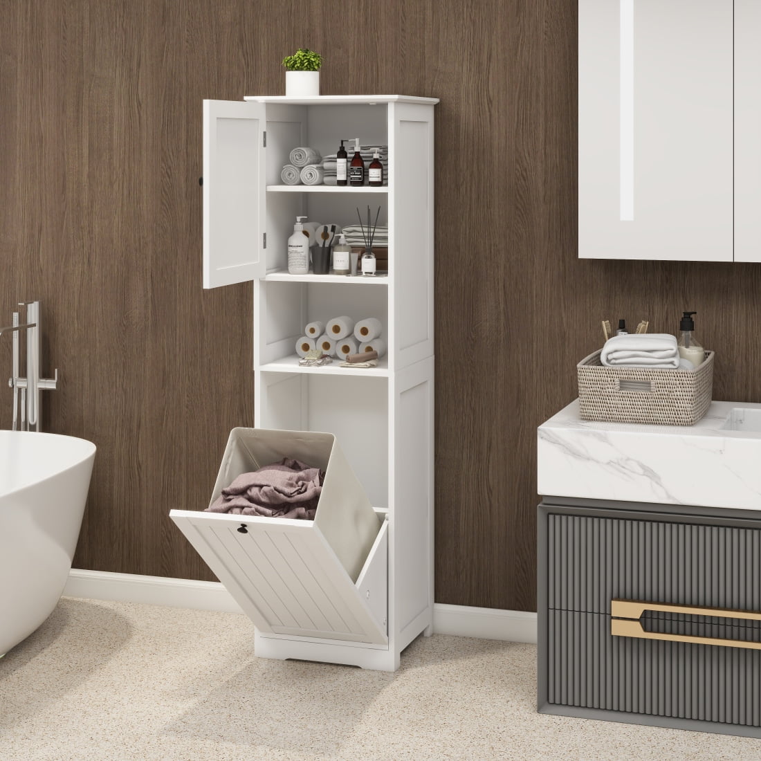 IVV Tilt Out Laundry Hamper - 55" Tall Bathroom Storage Laundry Cabinet ...