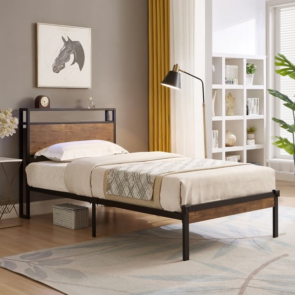 IVV Twin Size Metal Platform Bed with Charging Station on Storage Headboard, Large Under Bed Storage Space, Easy Assembly, Strong Steel Structure, Black+Brown